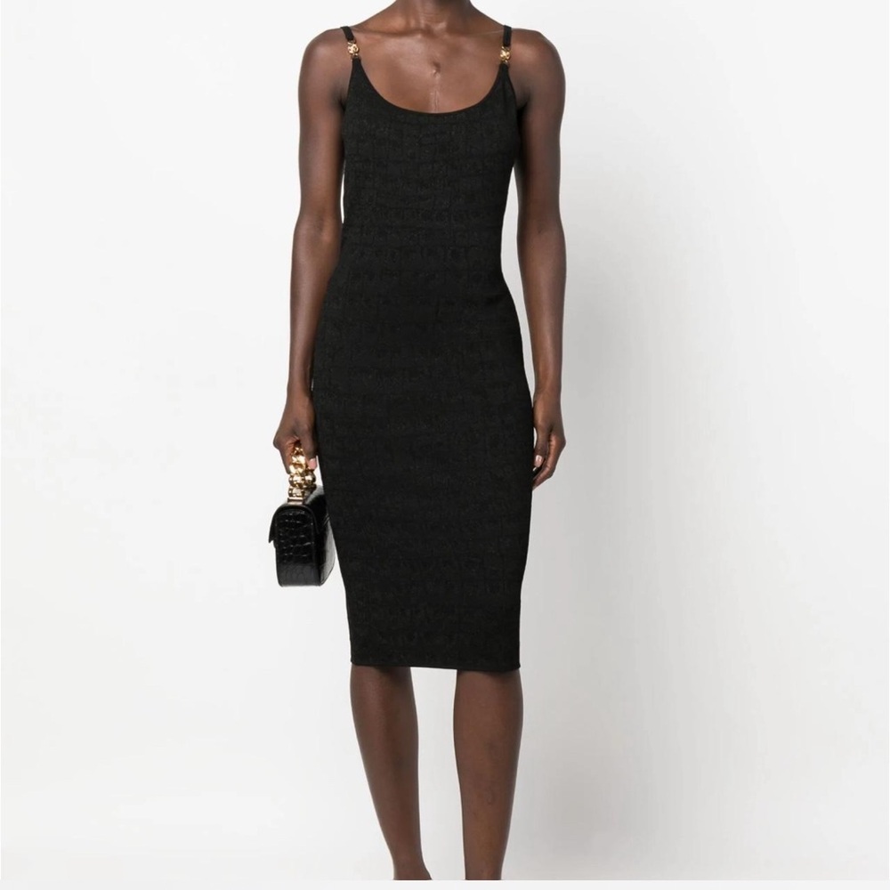 Versace Black Midi Dress with Gold Ring Strap Details